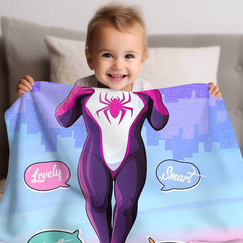 Personalized Spider Girl Baby Blanket – Custom Name, Date & Background | Superhero Baby Gift